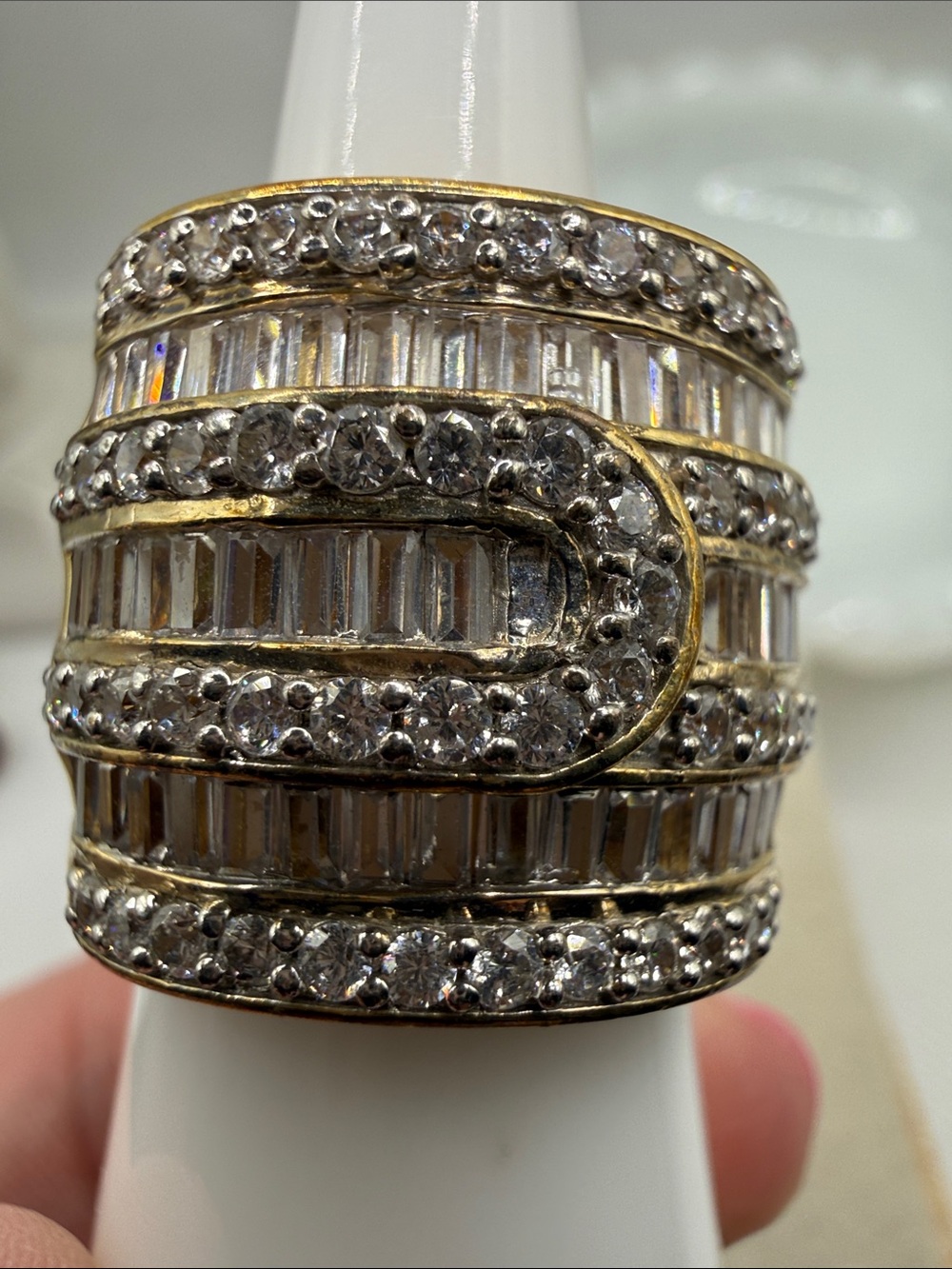 Stunning Multi row thick buckle Wide Silver 925 Band Ring Sparkling Clear Stones